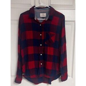 Flag Anthem Shirt Mens Medium Red Blue Button Up Buffalo Plaid Flannel